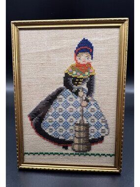 Vintage Framed Needlepoint Dutch Folk Art Ornate Brass Frame - Cottagecore Decor
